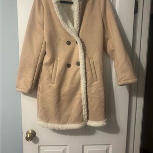 Women’s Tan Double-Breasted Coat with White Trim